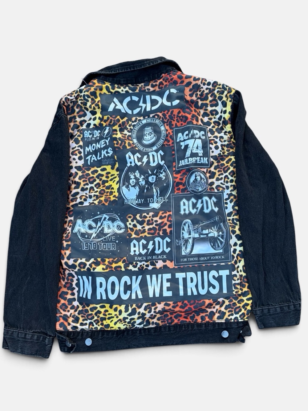 AC/DC Black Denim Jacket Leopard Graphic Back In Rock We Trust Women’s L